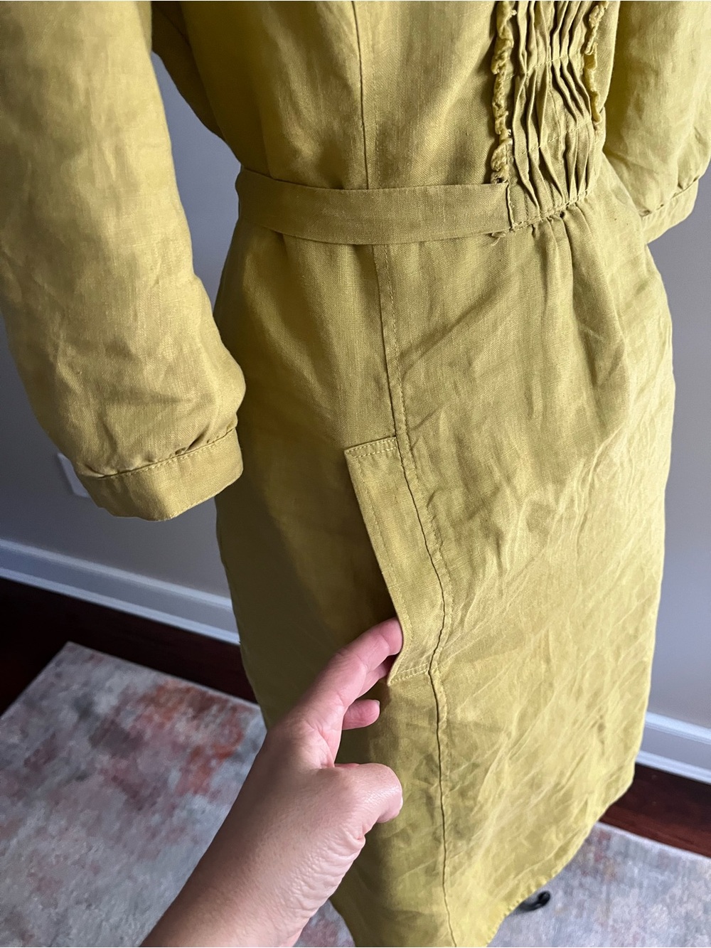 BODEN Yellow Ruffled Front Linen Dress with tie - Picture 4 of 13